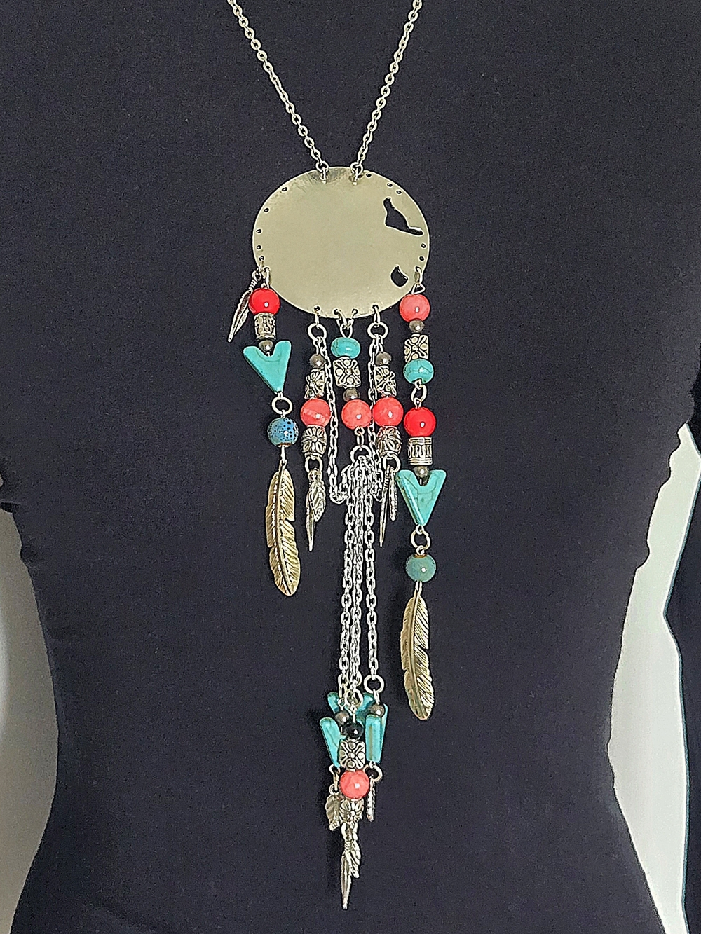 🦋 Handmade Dreamcatcher Fringe Pendant Necklace Southwestern Turquoise Coral